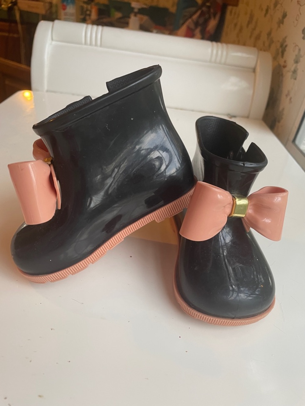 Mini Melissa Black Rain Boots with Pink Bow Accent
